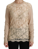 Dolce & Gabbana Elegant Beige Lace Crew Neck Cashmere Blouse