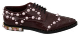 Dolce & Gabbana Elegant Bordeaux Lace-Up Flats with Pearls and Crystals