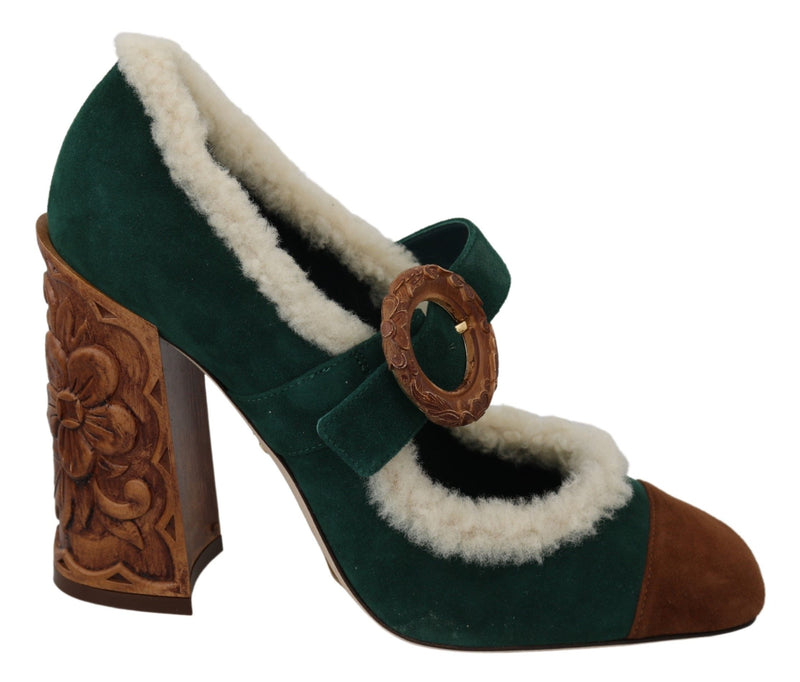 Dolce & Gabbana Chic Green Suede Mary Janes with Shearling Trim