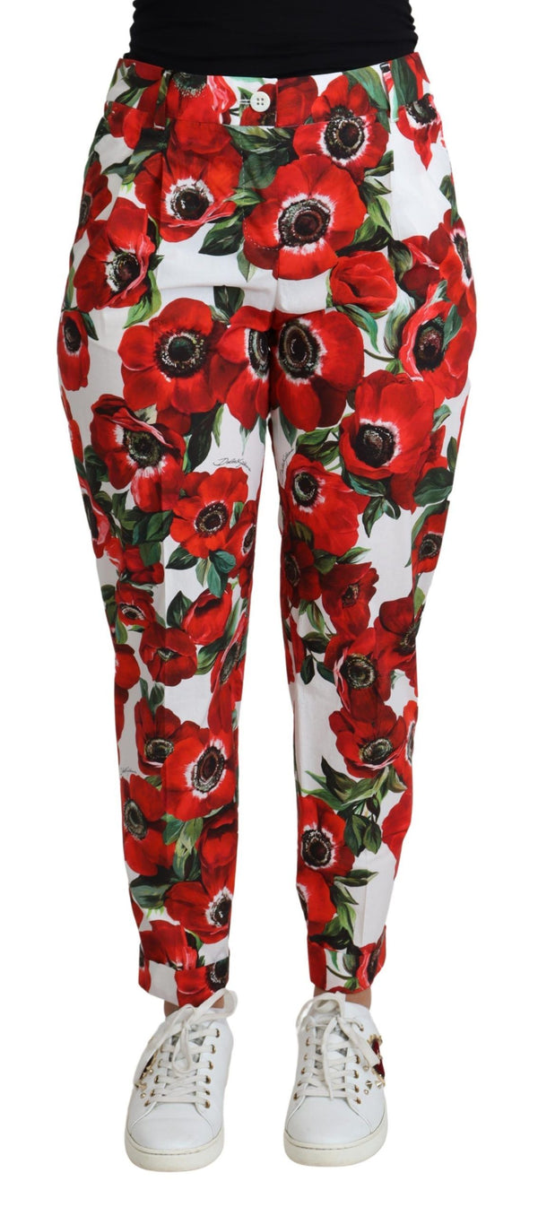 Dolce & Gabbana Elegant White Poppy Print Tapered Pants