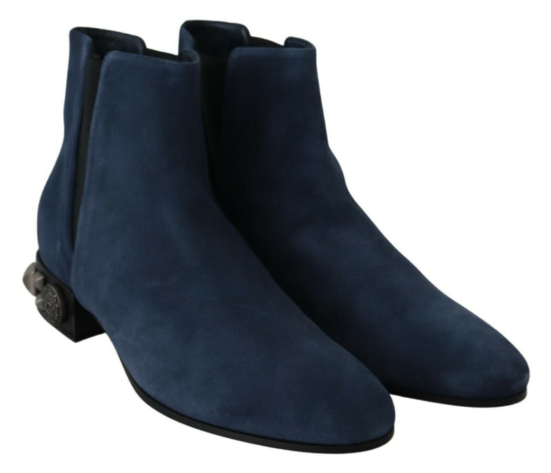 Dolce & Gabbana Chic Blue Suede Mid-Calf Boots with Stud Details