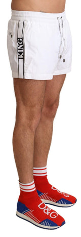 Dolce & Gabbana Elegant White KING Motive Swim Trunks