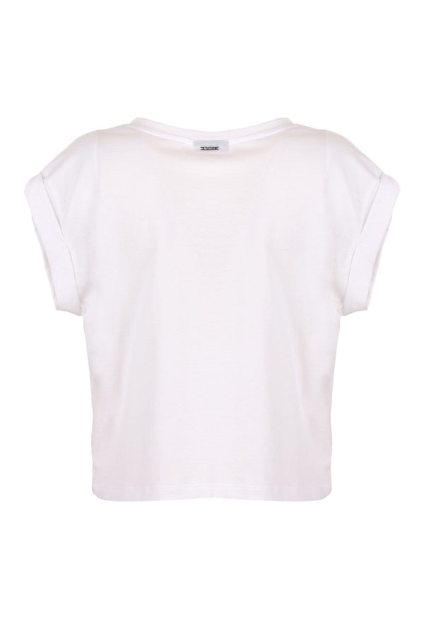 Imperfect Chic White Cotton Tee with Brass Accents