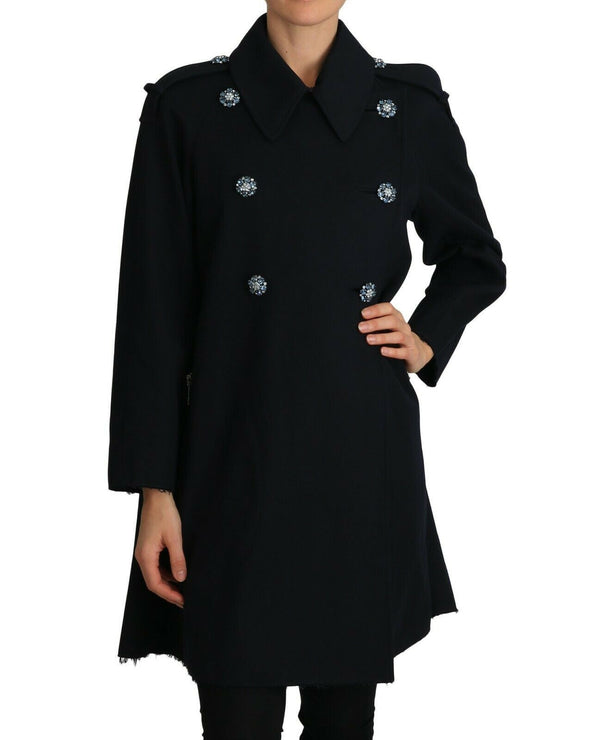 Dolce & Gabbana Elegant Black Double-Breasted Crystal Trench