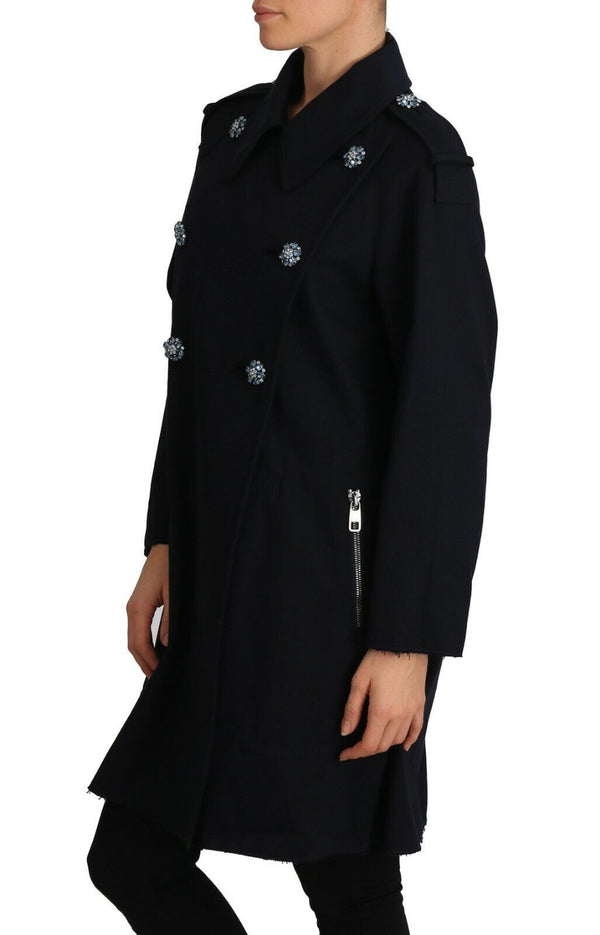 Dolce & Gabbana Elegant Black Double-Breasted Crystal Trench