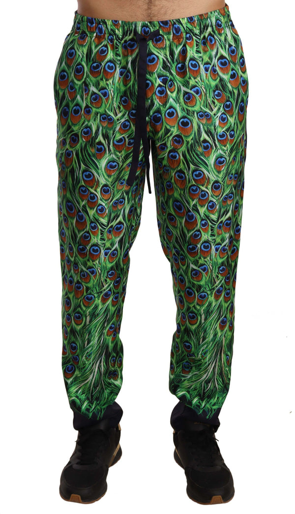 Dolce & Gabbana Elegant Green Silk Lounge Trousers with Peacock Print