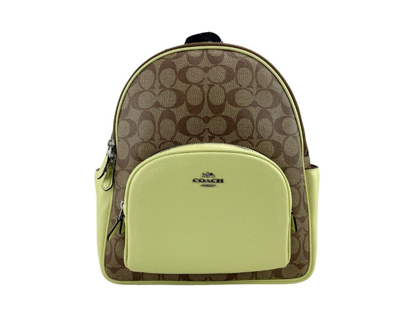 COACH (5671) Court Signature Leather Khaki/Pale Lime Medium Backpack Bookbag Bag