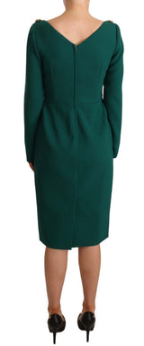 Dolce & Gabbana Emerald Green Midi Sheath Dress with Crystal Brooch