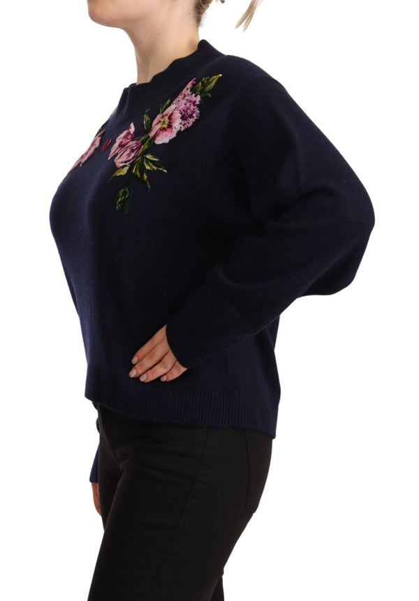 Dolce & Gabbana Floral Embroidered Blue Cashmere Sweater