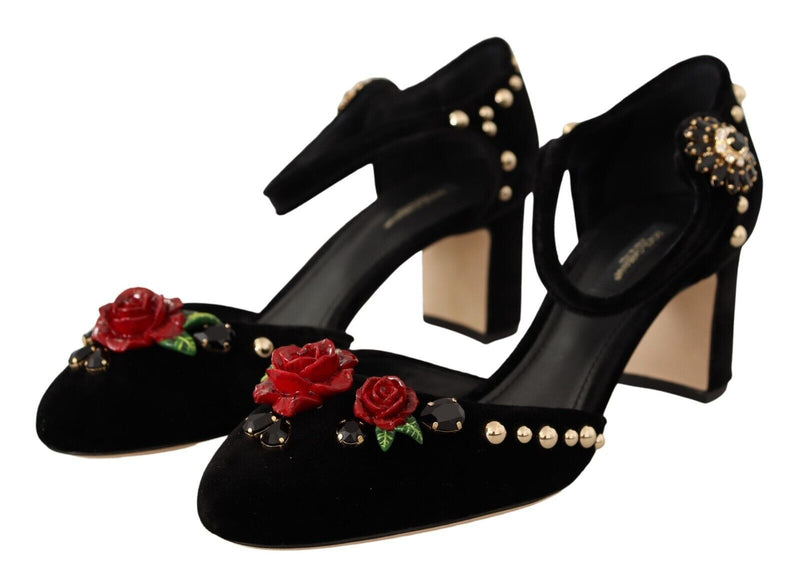 Dolce & Gabbana Elegant Velvet Studded Heels with Floral Accent