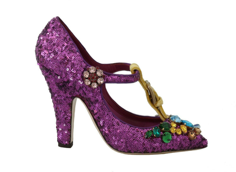 Dolce & Gabbana Elegant Purple Sequined T-Strap Heels