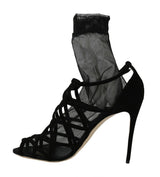 Dolce & Gabbana Black Suede Tulle Ankle Boot Sandals