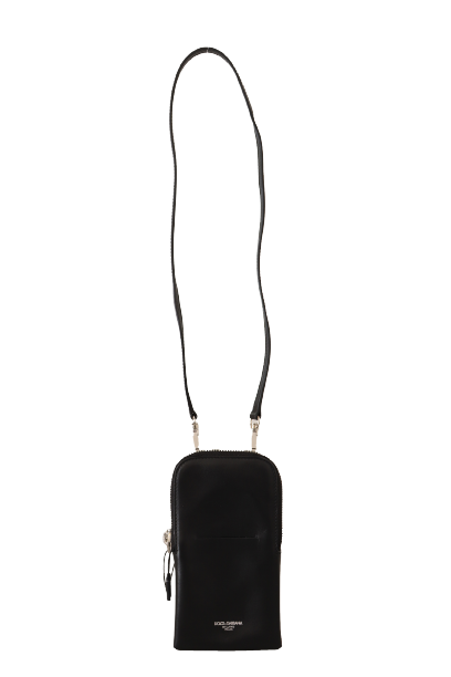 Dolce & Gabbana Sleek Black Leather Phone Pocket Neck Strap