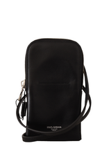 Dolce & Gabbana Sleek Black Leather Phone Pocket Neck Strap