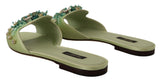 Dolce & Gabbana Elegant Crystal-Embellished Green Leather Slides