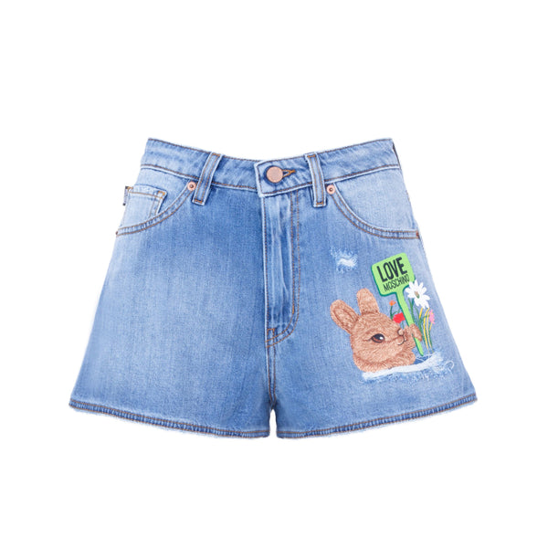 Love Moschino Chic Cotton Rabbit-Stitched Denim Shorts