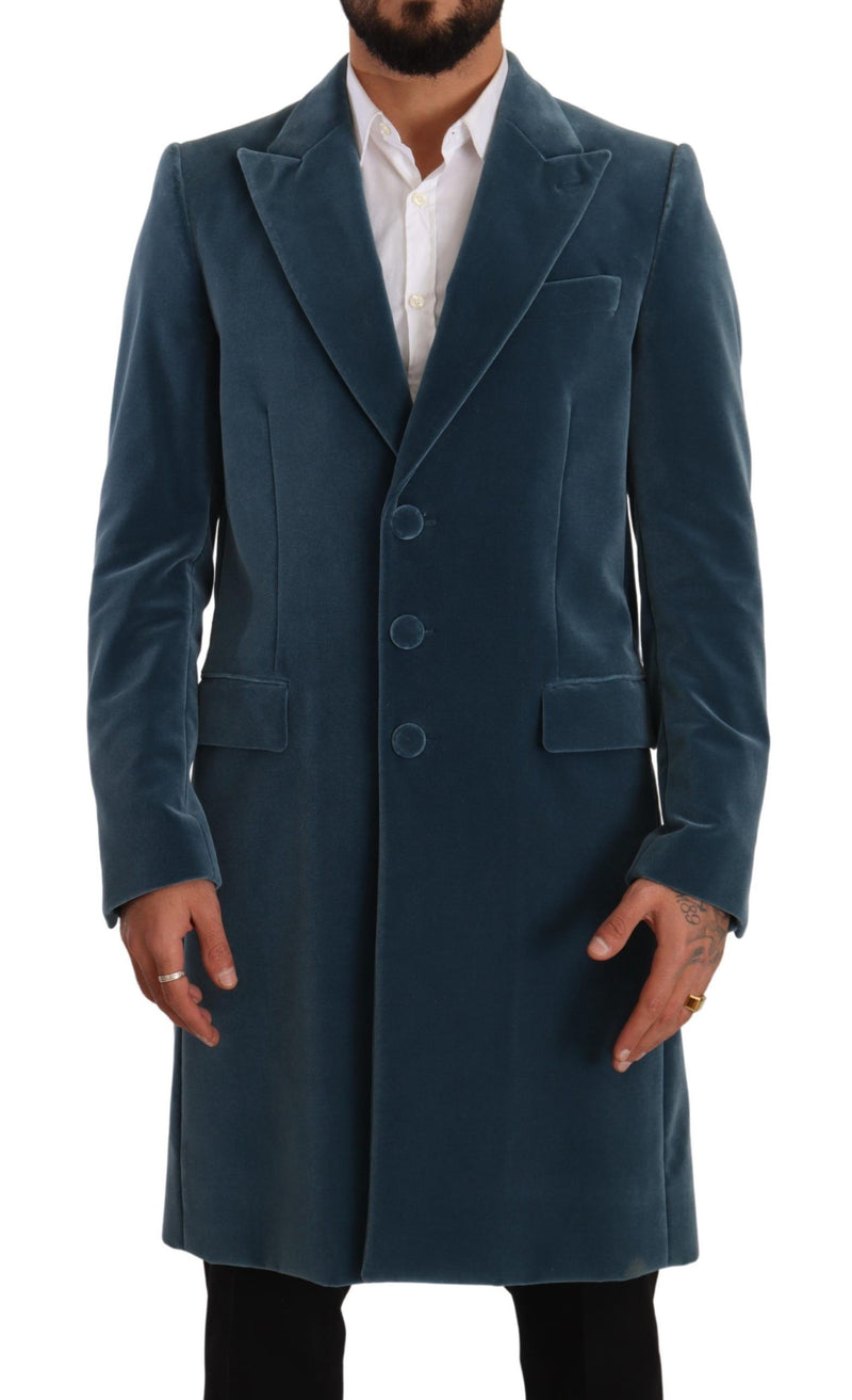 Dolce & Gabbana Elegant Blue Velvet Overcoat Jacket