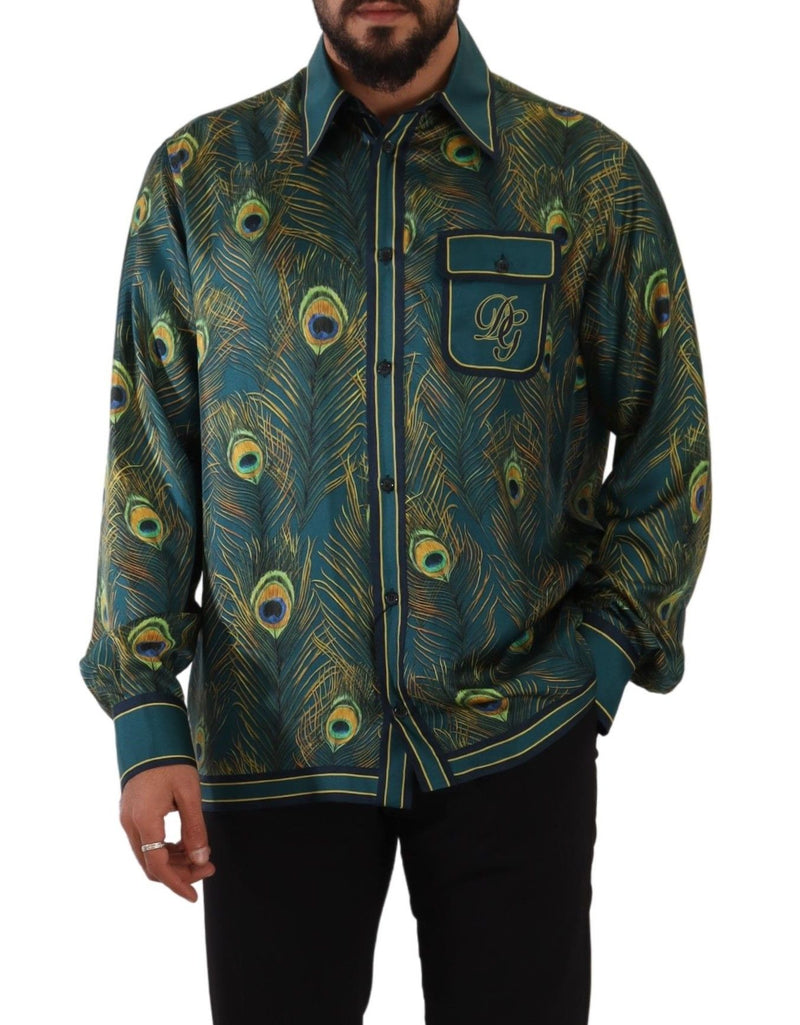 Dolce & Gabbana Peacock Feather Print Silk Shirt