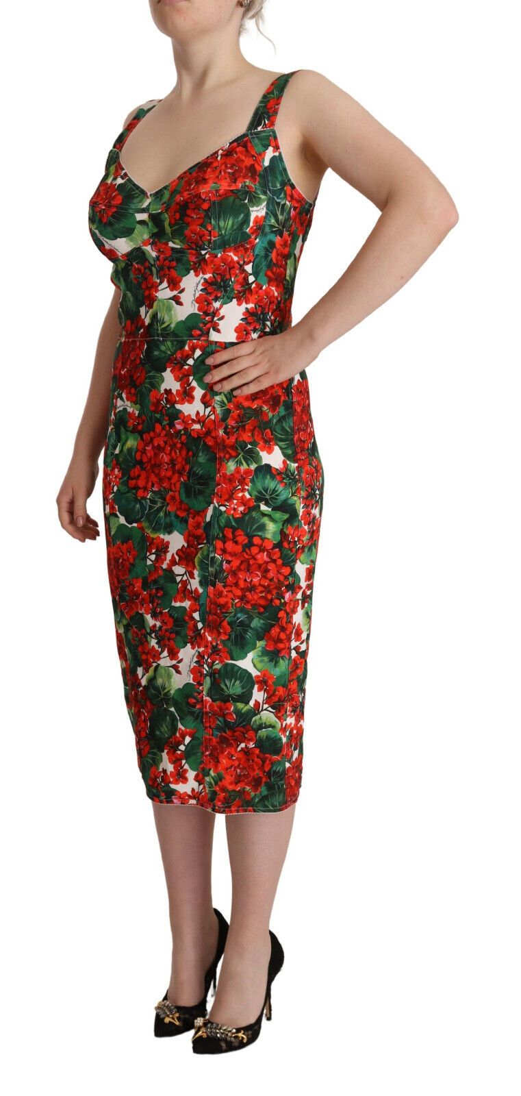 Dolce & Gabbana Elegant Red Floral Midi Bodycon Dress