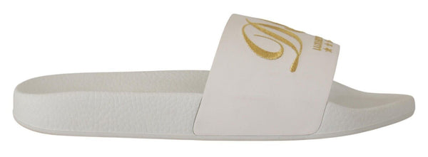 Dolce & Gabbana Chic White Leather Slides with Gold Embroidery