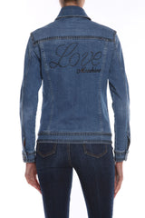 Love Moschino Chic Beaded Denim Jacket with Rhinestone Logo