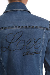 Love Moschino Chic Beaded Denim Jacket with Rhinestone Logo