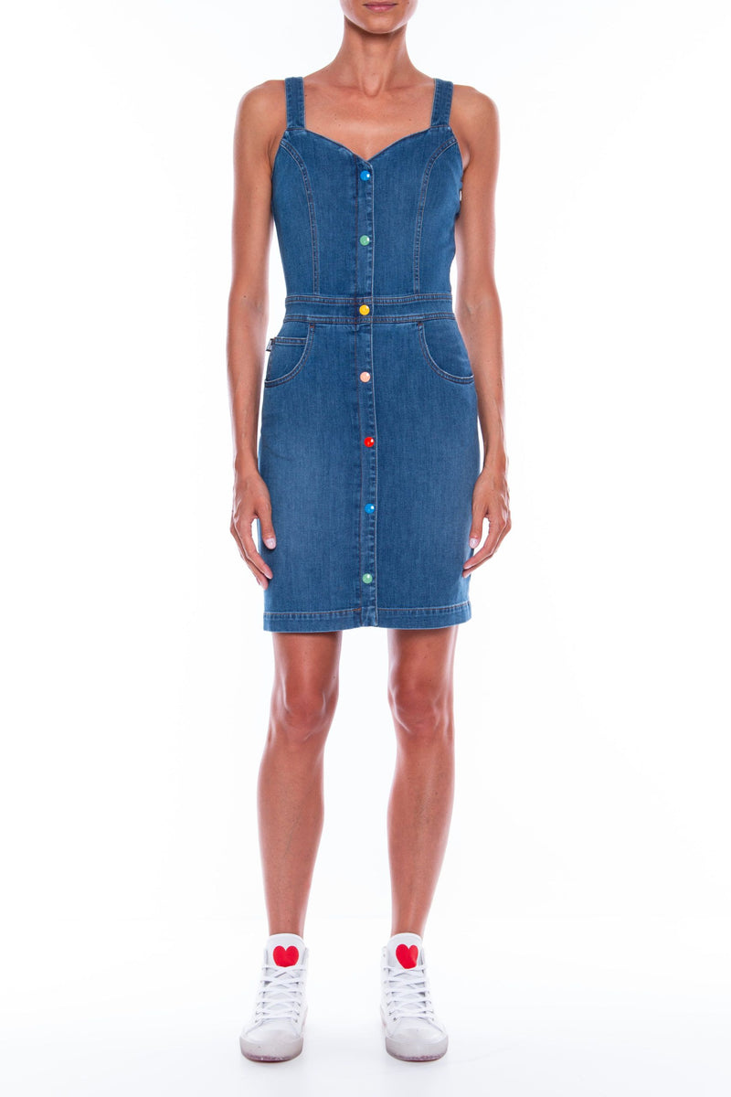 Love Moschino Chic Sleeveless Denim Dress with Colored Buttons