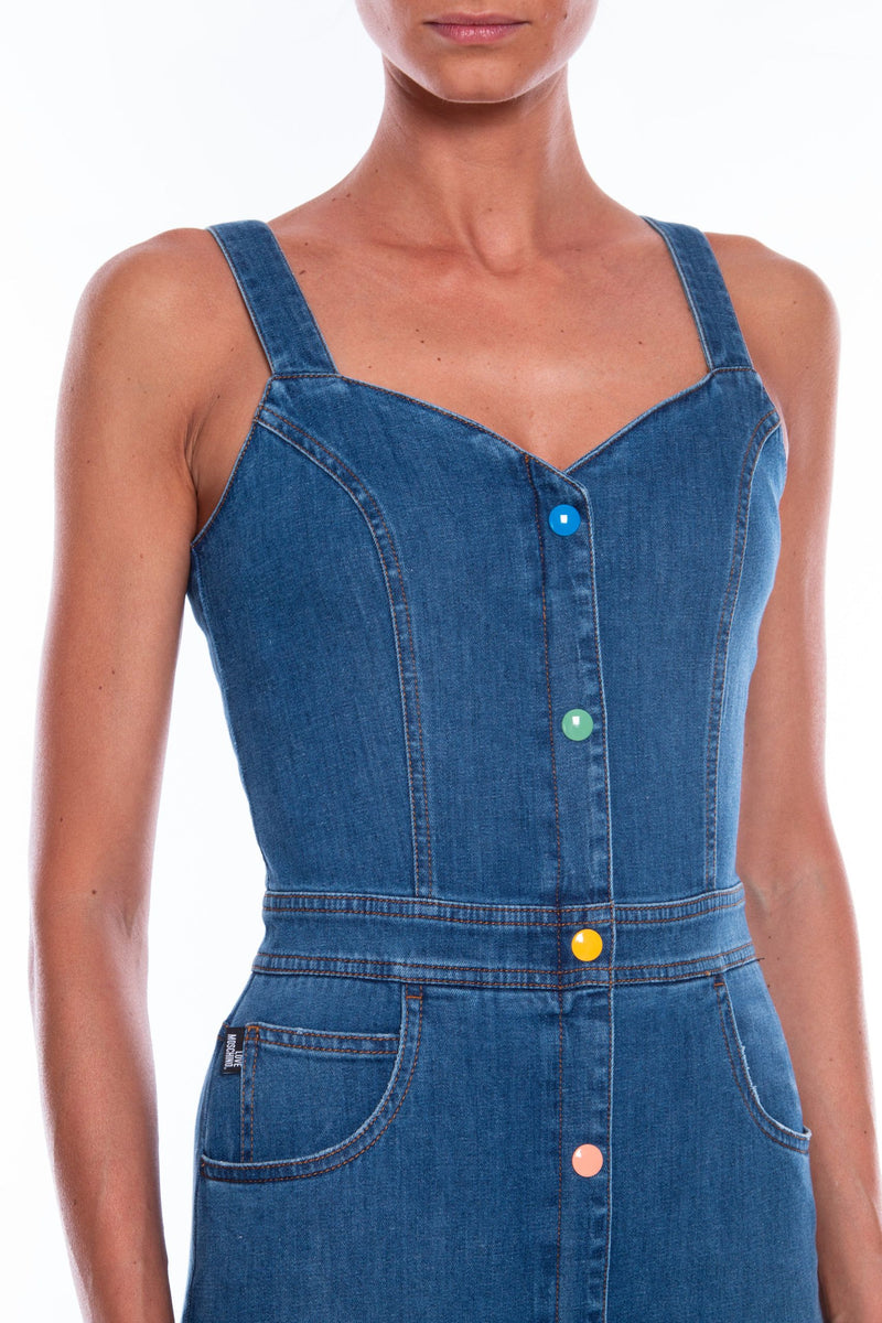 Love Moschino Chic Sleeveless Denim Dress with Colored Buttons