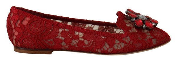 Dolce & Gabbana Radiant Red Lace Ballet Flats with Crystal Buckle