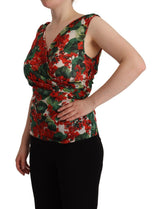 Dolce & Gabbana Elegant V-Neck Geranium Print Silk Tank Top