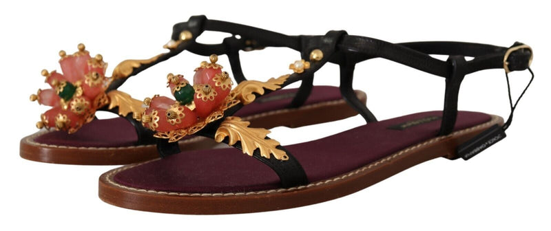 Dolce & Gabbana Embroidered Flat Leather Sandals