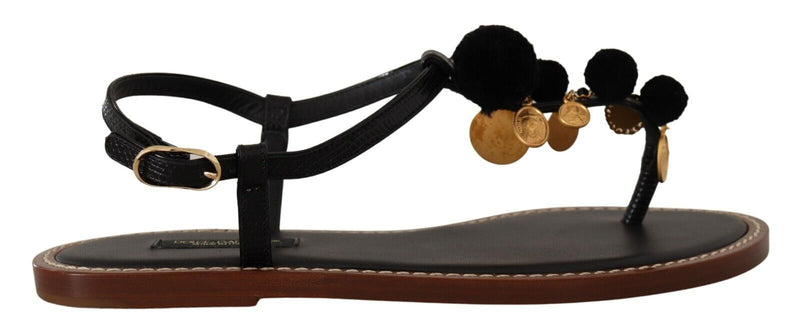 Dolce & Gabbana Chic Leather Ankle Strap Flats with Gold Detailing