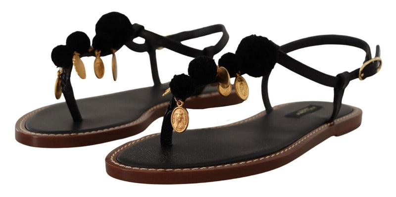 Dolce & Gabbana Chic Leather Ankle Strap Flats with Gold Detailing