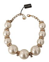 Dolce & Gabbana Elegant Faux Pearl Charm Necklace with Crystal Accents