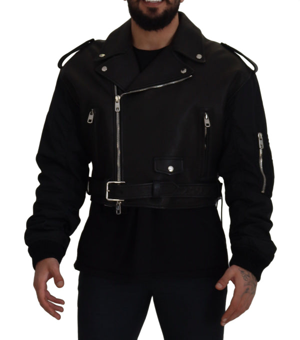 Dolce & Gabbana Sleek Biker Motorcycle Black Belted Jacket