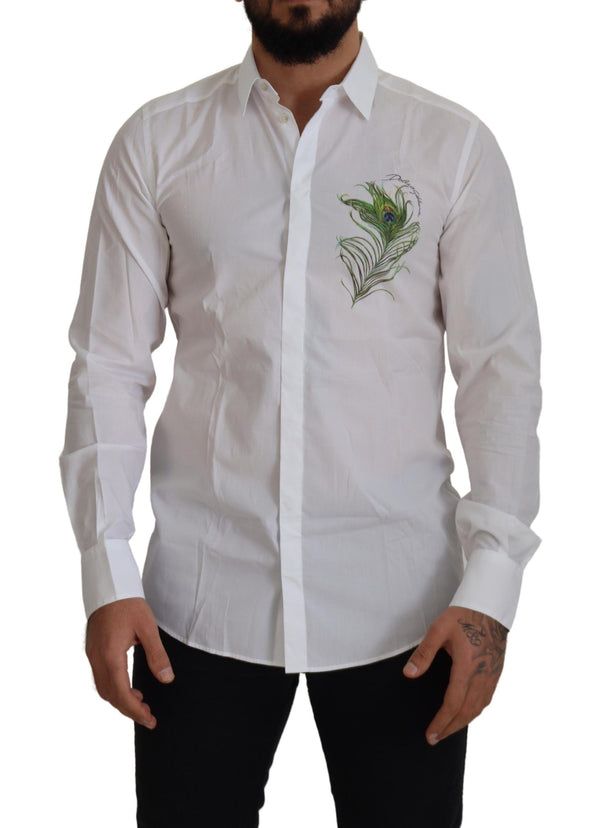 Dolce & Gabbana Elegant White Peacock Feather Dress Shirt