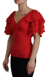 Dolce & Gabbana Elegant Red Silk V-Neck Ruffle Blouse