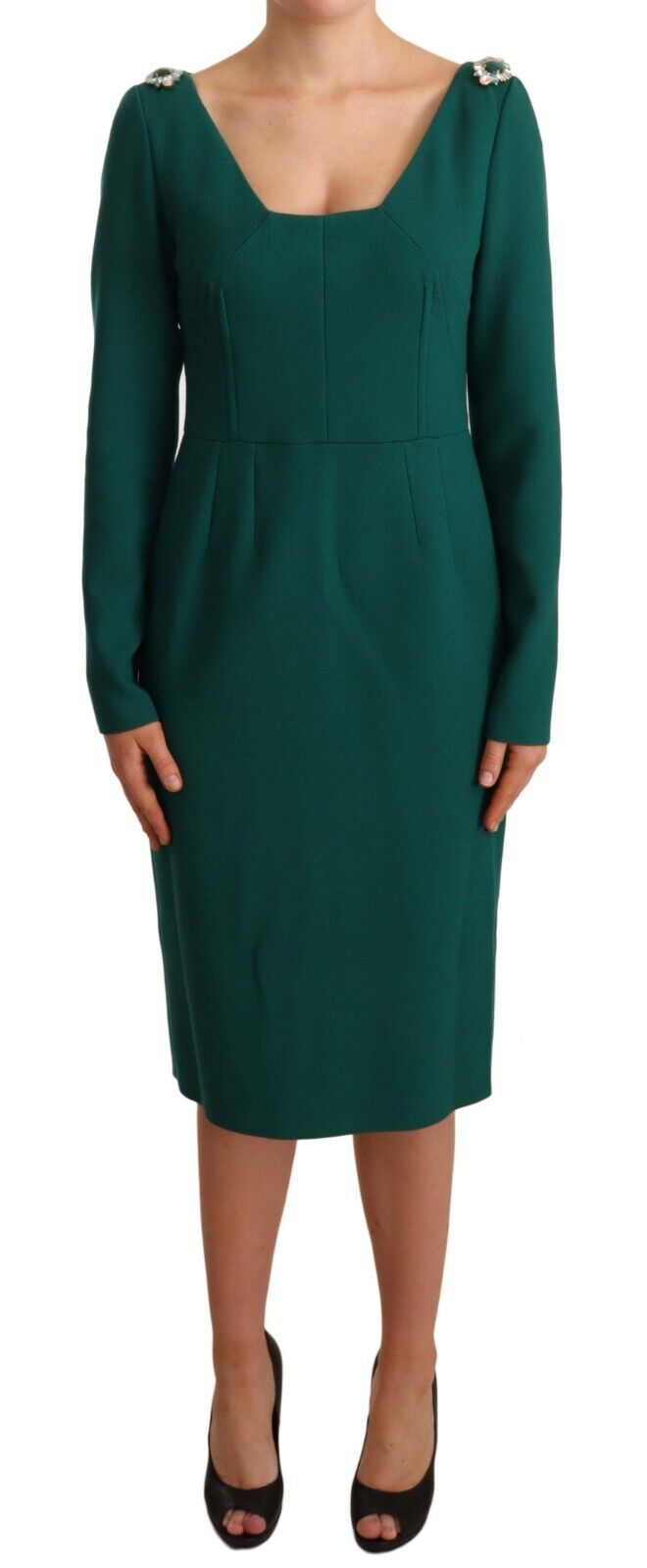 Dolce & Gabbana Emerald Green Midi Sheath Dress with Crystal Brooch