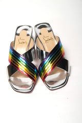 Christian Louboutin Silver Silver And Rainbow Stripe Mule Sandal