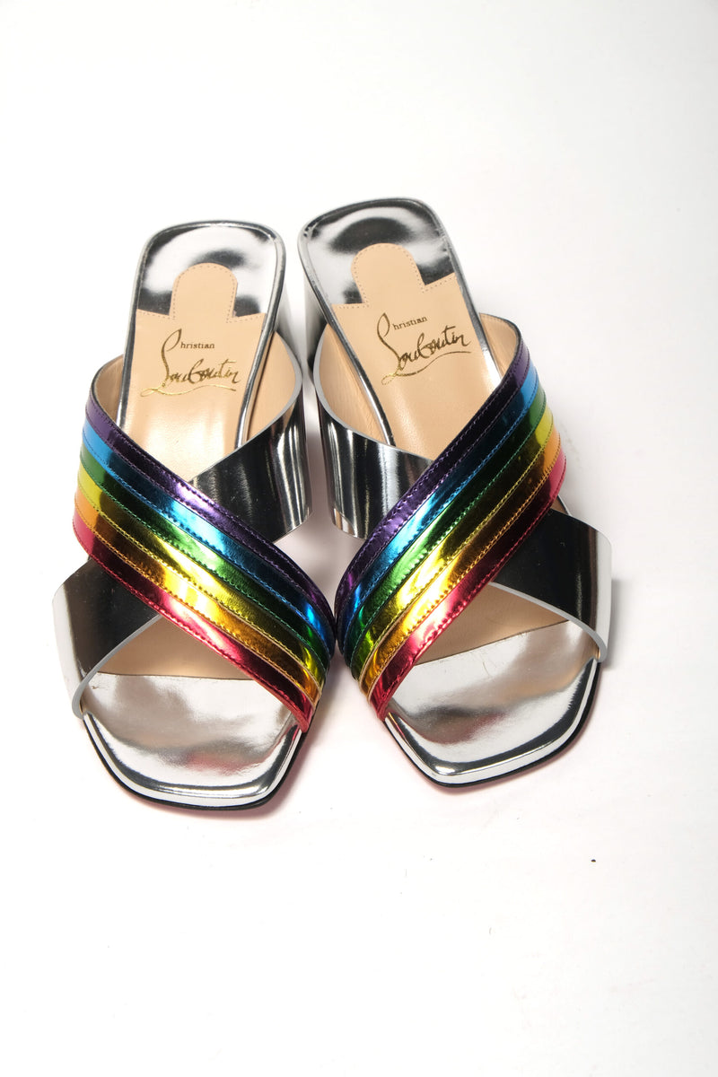 Christian Louboutin Silver Silver And Rainbow Stripe Mule Sandal