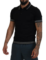 Dolce & Gabbana Elegant Black Silk Polo T-Shirt with White Detailing