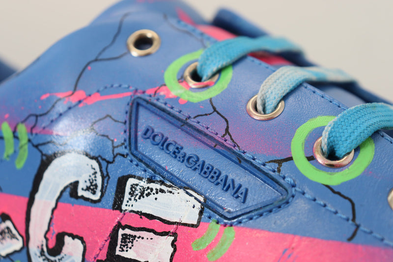 Dolce & Gabbana Handpainted Blue Leather Low Top Sneakers