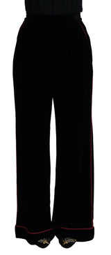 Dolce & Gabbana Sleek Black Velvet High-Waist Pants with Pink Stripes