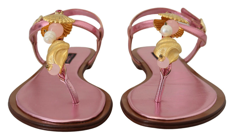 Dolce & Gabbana Chic Pink Leather Sandals with Exquisite Embellishment