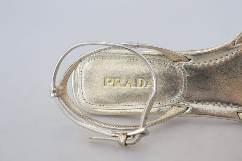 Prada Elegant Silver Ankle Strap Flats