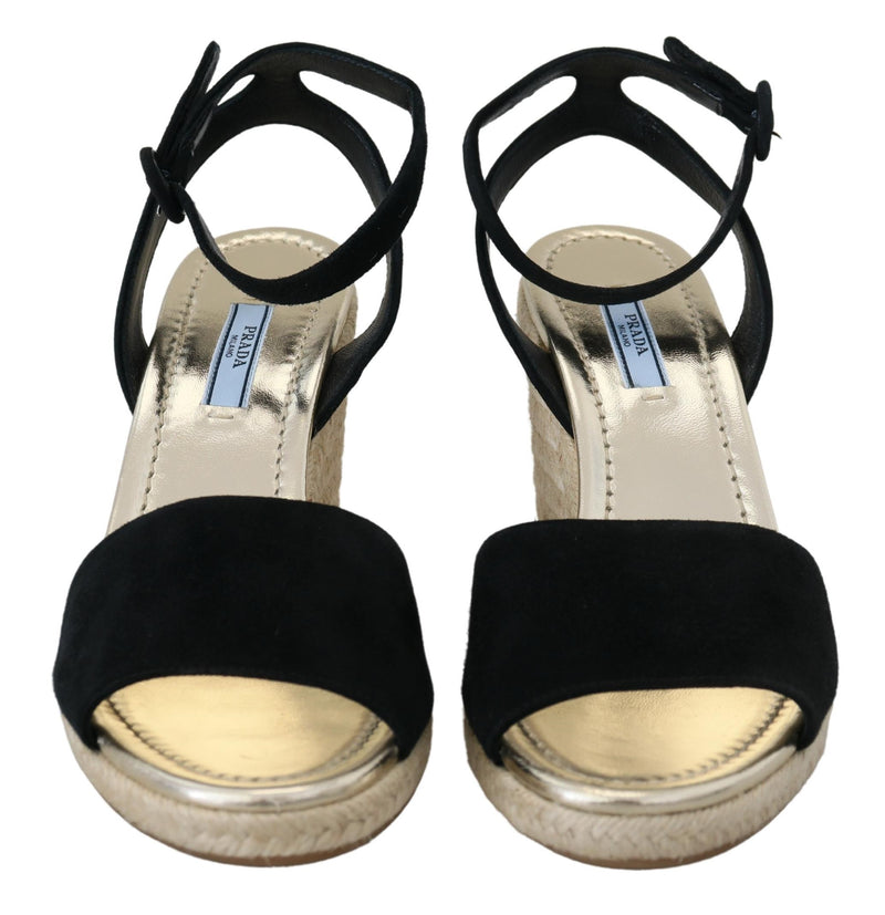 Prada Chic Ankle Strap Suede Wedge Sandals