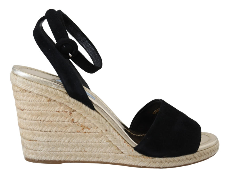 Prada Chic Ankle Strap Suede Wedge Sandals