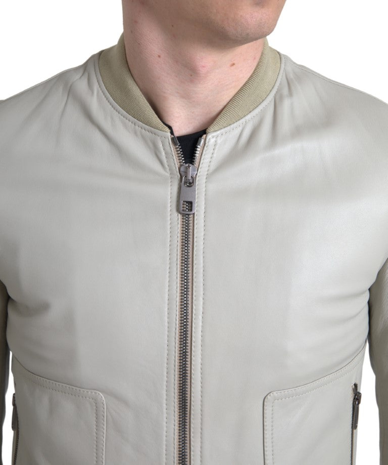 Dolce & Gabbana Cream Leather Bomber Jacket