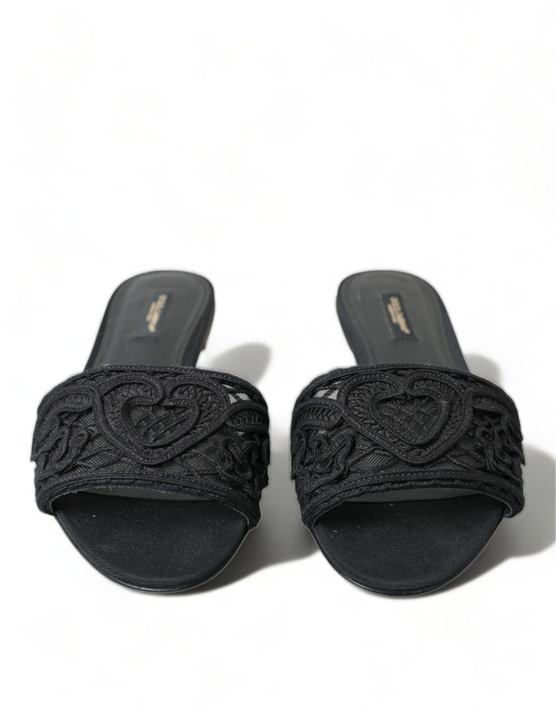 Dolce & Gabbana Elegant Black Heart Embroidery Slide Sandals