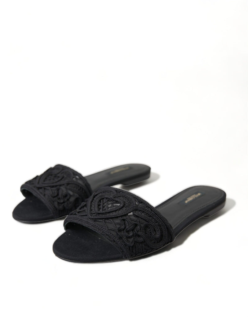 Dolce & Gabbana Elegant Black Heart Embroidery Slide Sandals